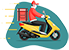 vector image of a delivery man on a scooter, with food crate strapped to the back