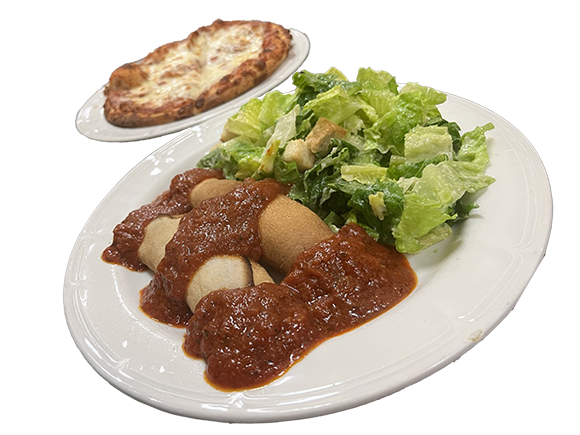 two plates, the smaller plate has a small pizza with cheese and the bigger plate has two manicotti stuffed with ricotta, mozzerella rolled in a homemade crepe and topped with homemade tomato sauce and the other half has a caesar salad of green romaine lettuce, cruttons, in a caesar salad dressing, and a wedge of lemon slice.
