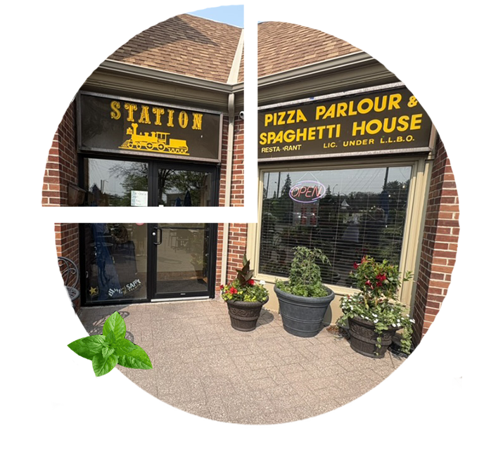 image of the front entrance of Station Pizza in the shape of a pizza and an upper slice pulling away, with a sprig of basil in the bottom edge.