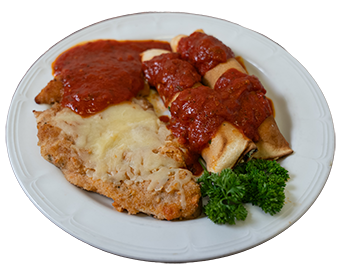 half of the plate has a breaded chicken cutlet, topped with cheese and homemade tomato sauce, the other half has two homemade manicottis stuffed with ricotta, mozzeralla rolled in a homemade crepe and topped with homemade tomato sauce, with a parsley garnish