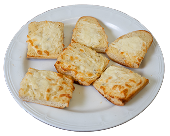plate of six square slices of garlic bread and melted cheese