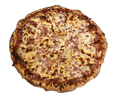 image of Station Pizza's Hawaiian Style Pizza with homemade tomato sauce, cheese, pineapple, ham.
