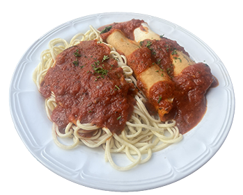 half of the plate if spaghetti topped with homemade tomato sauce, the second half has two homemade manicottis stuff with ricotta, mozzeralla rolled in a homemade crepe and topped with homemade tomato sauce and sprinkled with parsley flakes