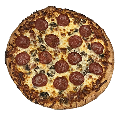 medium size pepperoni pizza with cheese and homemade tomato sauce.