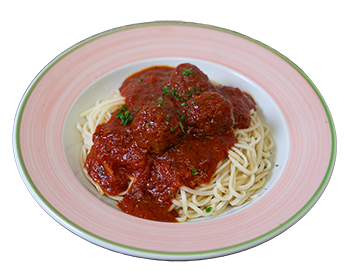 plate of spaghetti with homemade tomato sauce and meatballs sprinkled with parsley flakes.