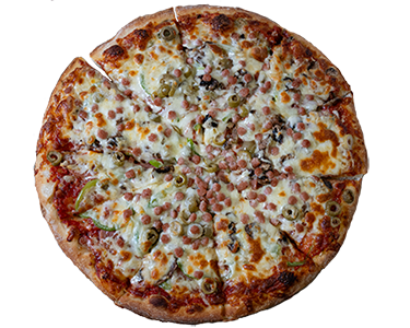 image of Station Pizza's Stationmaster Pizza with homemade tomato sauce, cheese, pepperoni, green olives, bacon, green peppers, mushrooms and onions.