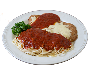 plate of spaghetti topped with homemade tomato sauce on half of the plate, the other half is a breaded veal cutlet topped with cheese and homemade tomato sauce and garnished with parsley.
